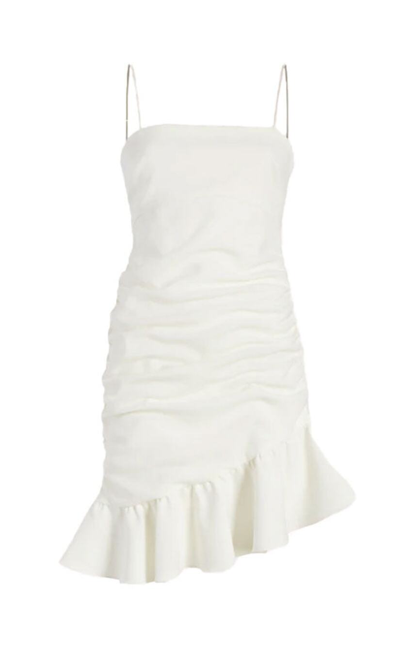 Cinq à Sept Lilith Ruched Asymmetrical Mini Dress — Ivory, Size 10 NWT